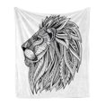 thumbnail image 1 of Lion Soft Flannel Fleece Throw Blanket, Wilderness Savannah Animal with Boho Mane Made from Leaves Illustration, Cozy Plush for Indoor and Outdoor Use, 70" x 90", Black and White, by Ambesonne, 1 of 5
