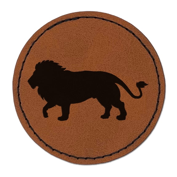 Lion Solid 2.5" Faux Leather Round Engraved Iron-On Patch - Brown
