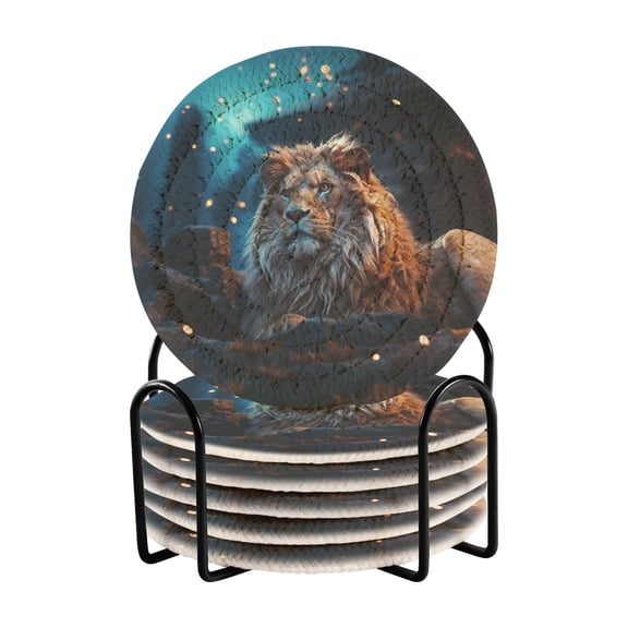 Lion Stone 6 Pcs Drink Coasters with Holder Absorbent Coasters Woven Coasters for Drinks Table Desk Protection Home Decor