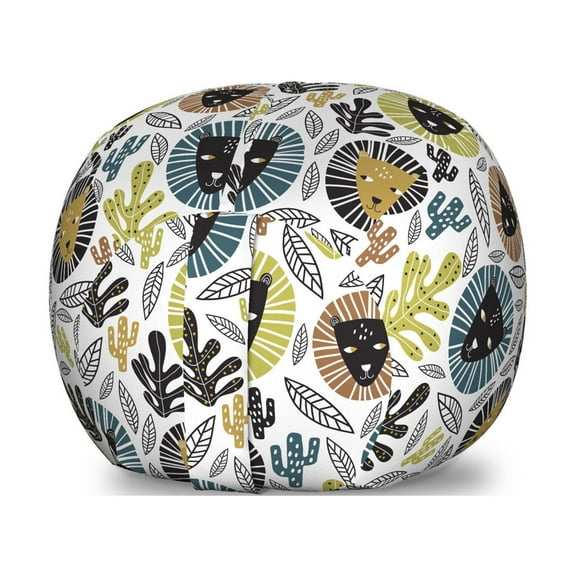 Lion Storage Toy Bag Chair, Unusual Illustrations of Portraits Branches, Stuffed Animal Organizer Washable Bag, Small Size, Multicolor, by Ambesonne