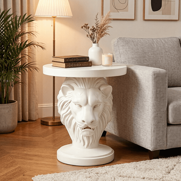 Lion Style Small Side Table, Living Room Side & End Tables, Couch Side & End Tables, Small End Table, Nightstand White Color Handmade of Resin