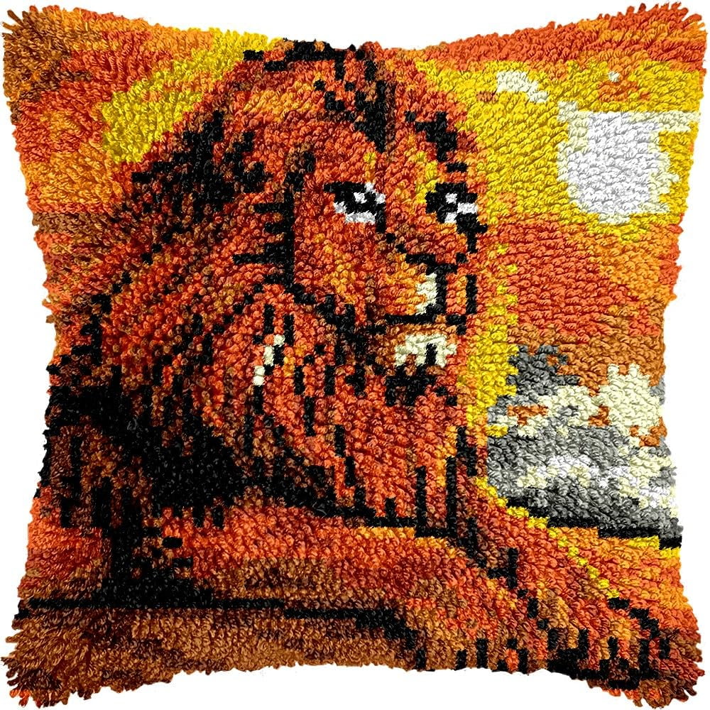 Lion under Sun Latch Hook Pillow Kits for DIY Handmade Throw Pillow Cushion Embroidery Latch Hooking Pillowcase Kits with Preprinted Canvas Crochet Yarn Kits 17''X 17''(g280)