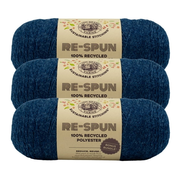 Lion Brand Yarn Re-Spun Bonus Bundle Deep Denim Medium Recycled Polyester Yarn 3 Pack