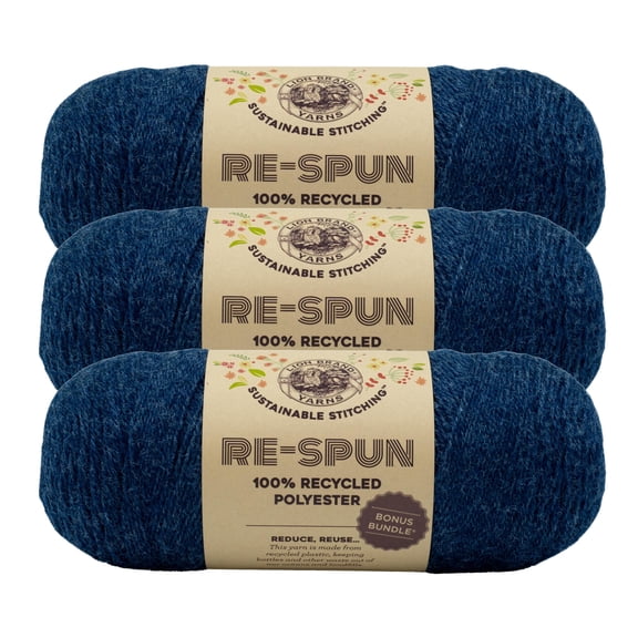 Lion Brand Yarn Re-Spun Bonus Bundle Deep Denim Medium Recycled Polyester Yarn 3 Pack