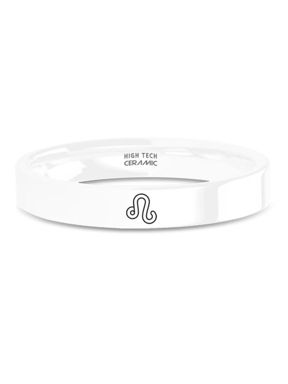 Lion Symbol Leo Astrology Laser Engraved White Ceramic Ring, 4mm, Size 12