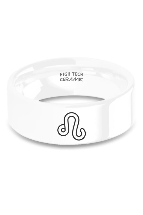 Lion Symbol Leo Astrology Laser Engraved White Ceramic Ring, 8mm, Size 5