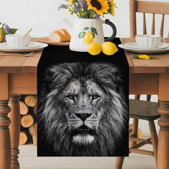 Lion Table Runner 13x72 Inch Modern Minimalist Black White Powerful Wild Animal Lion Head Cotton Linen Dining Table Runner Ideal for Dresser Kitchen Coffee Tables - Machine Washable