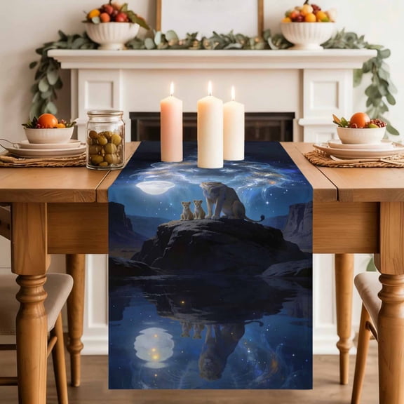 Lion Table Runner, Watercolor Lion Fantasy Moon Mystic Natural Scenery Washable Cotton-linen Table Runners Dining Kitchen Decoration for Everyday Home Wedding Party Decor, 13 x 48 Inch