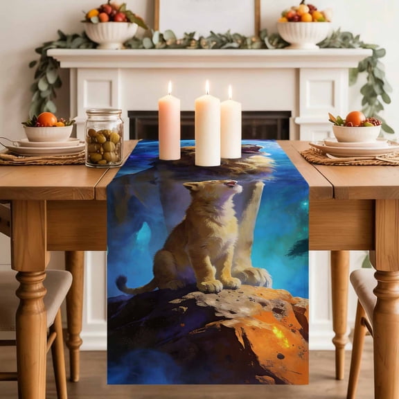 Lion Table Runner, Watercolor Roaring Lion Fantasy Universe Planet Forest Tree Washable Cotton-linen Table Runners Dining Kitchen Decoration for Everyday Home Wedding Party Decor, 13 x 36 Inch