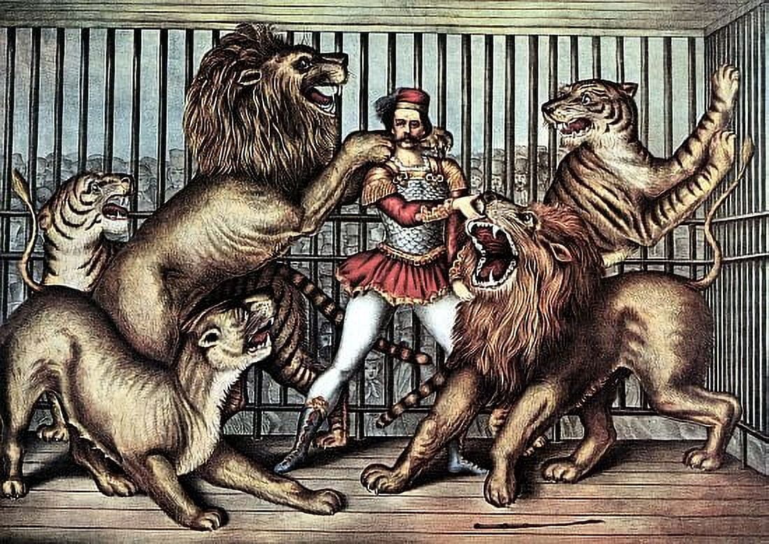 Lion Tamer In Cage With Lions Circus Canvas Art - (36 x 54)