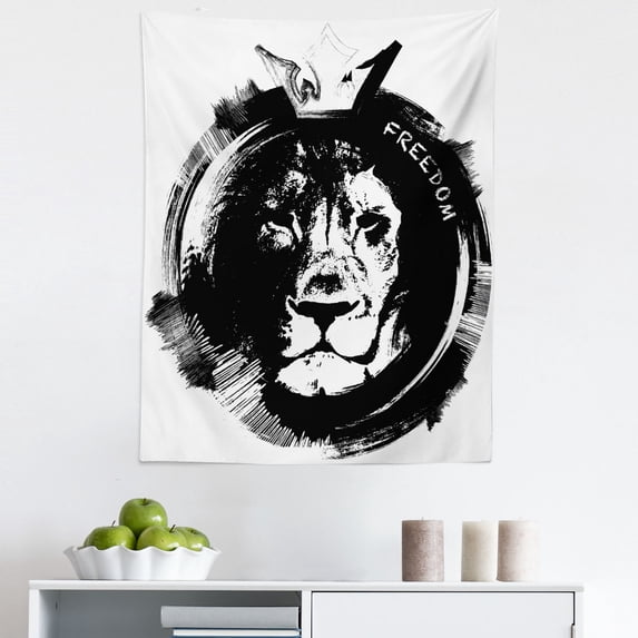 Lion Tapestry, King of the Forest Lion Head Portrait Freedom Sketchy Monochrome Wild Animal, Fabric Wall Hanging Decor for Bedroom Living Room Dorm, 5 Sizes, Black and White, by Ambesonne