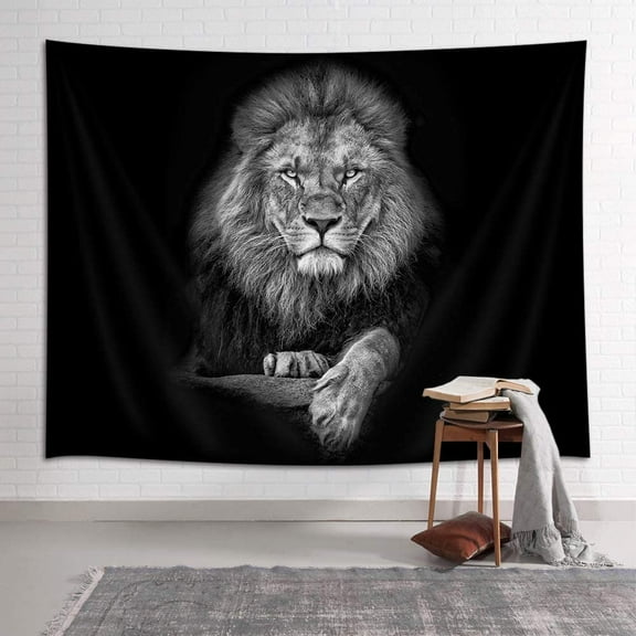 Lion Tapestry, Wild Animal African Lion on Black Background, Tapestries Wall Hanging for Bedroom Living Room Collage Dorm Room