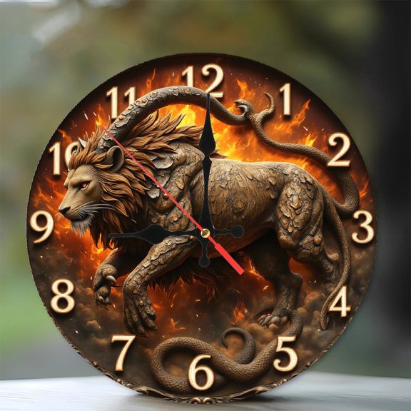 Lion Themed Wall Clock Decorative Home Art 10-Inch Silent Wooden Wall Clock, Battery Operated (AA Batteries Not Included), Artistic Home Decor