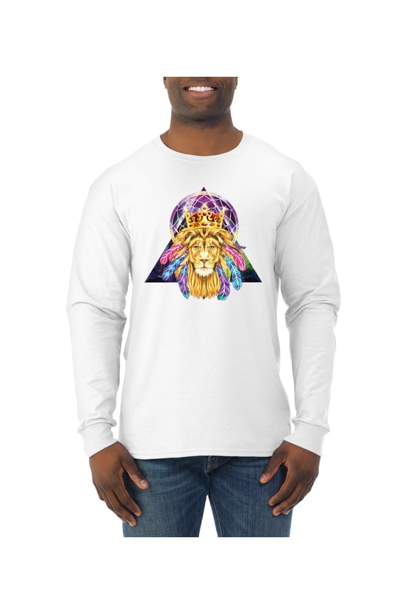 Lion Throne King Crown Animal Lover Mens Long Sleeve Shirt, White, 3XL