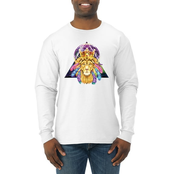 Lion Throne King Crown Animal Lover Mens Long Sleeve Shirt, White, Large