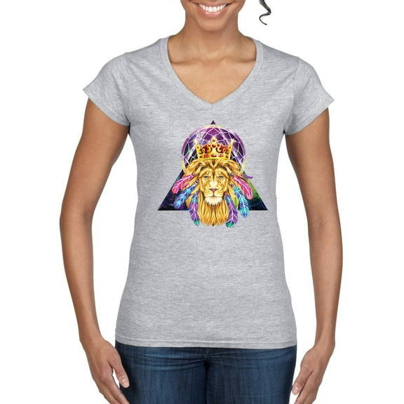 Lion Throne King Crown Animal Lover Women's Standard V-Neck Tee, Heather Grey, Small