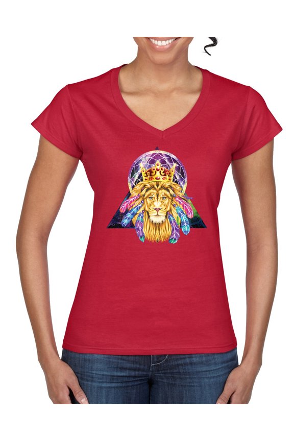 Lion Throne King Crown Animal Lover Women’s Standard V-Neck Tee, Red, Small