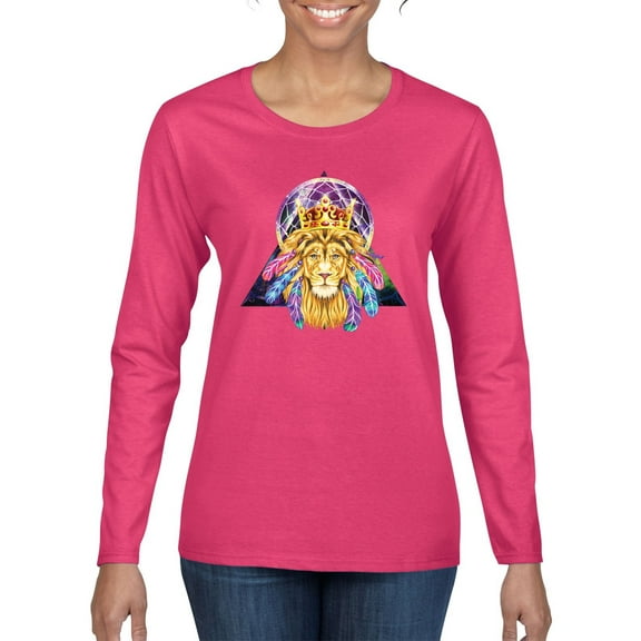 Lion Throne King Crown Animal Lover Womens Graphic Long Sleeve T-Shirt, Fuschia, Small