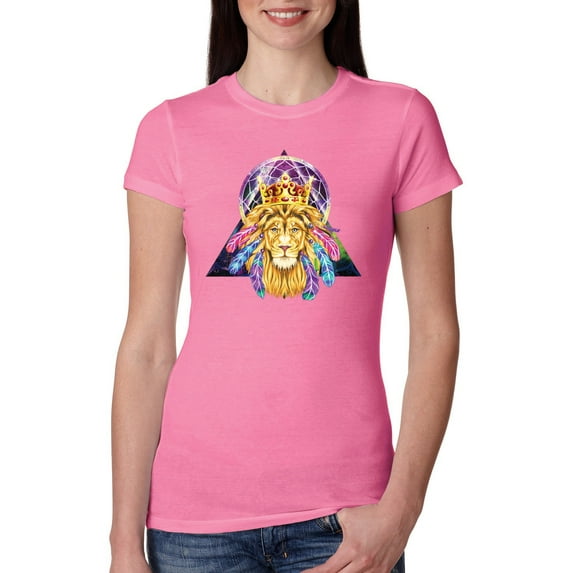 Lion Throne King Crown Animal Lover Womens Slim Fit Junior Tee, Hot Pink, 2XL