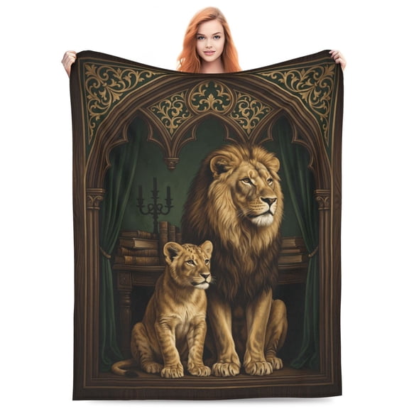 Lion Throw Blanket, Flannel Bedding Cover with Detailed Lion Cub Print for Home Decoration Gift 50x40