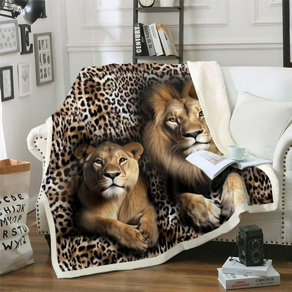 Lion Throw Blanket Wild Lion Lover Couple Fuzzy Blanket Queen African Animal Theme Fleece Blanket, Black Brown Cheetah Leopard Print Sherpa Blanket For Bedroom