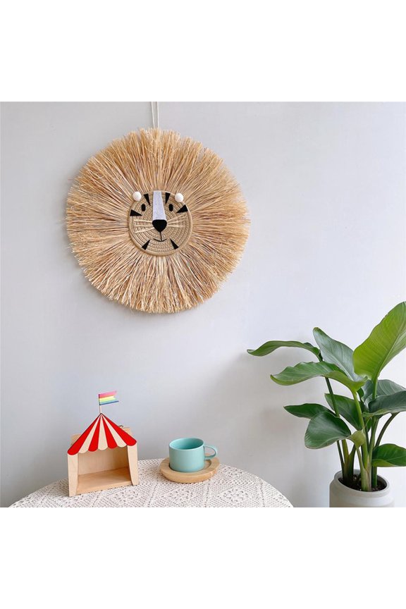 Lion Tiger Wall Hanging,Raffia Hand-woven Cartoon Wall Decor for Nursery Kids Room Jungle Baby Shower Birthday Gifts Boho Collection,19.7in Diameter