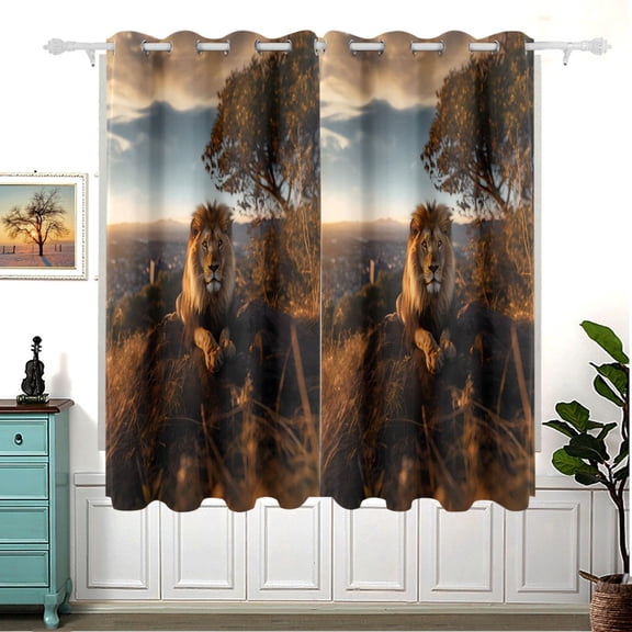 Lion Trees Grass Sky Blackout Curtain Panels 63x55in Drapes Privacy Assured for Living room Bedroom Bathroom 2 panels set