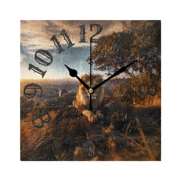 Lion Trees Grass Sky Wall Clock Square Silent Non Ticking Battery Operated Clock for Home Bathroom Kitchen Bedroom Living Room