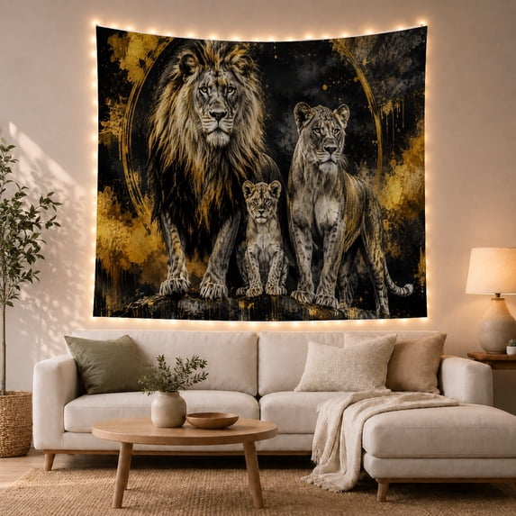 Lion Trio on Golden Arch Background, Dramatic Digital Art for Wildlife Enthusiasts, Regal Animal Wall Decor, Birthday Gift Tapestry Wall Hanging for Bedroom and Living Room