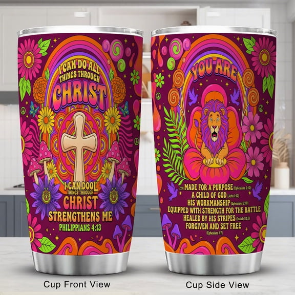 Lion Tumbler 20oz Religious Gift for Men Bible Verse I Can Do All Things Through Christ Pastor Tumbler