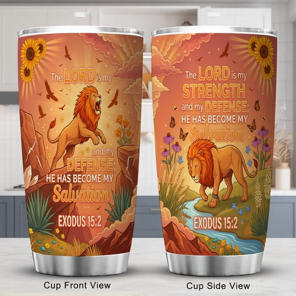 Lion Tumbler 20oz for Men & Women Lord is My Strength Encouraging Bible Verse Brown & Black Travel Cup with Lid