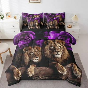 Lion Twin Comforter Set - 7 Pieces Reversible Comforters Twin Size Bed Set Bed in a Bag with Comforter,Purple Rose Sheets,Pillowcases & Shams,African Animals Flowers Floral Bedding Sets