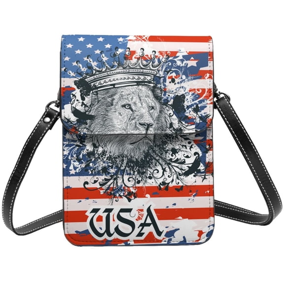 Lion USA Flag Cell Phone Purse Small Crossbody Bag with Strap Credit Card Slots Leather Shoulder Wallet for Women