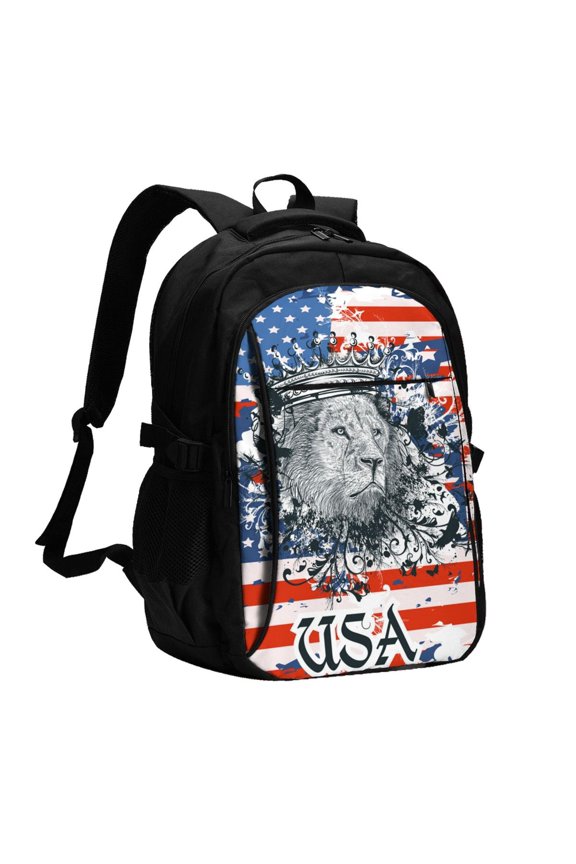 Lion USA Flag Laptop Backpack with USB Charging Headphone Port Casual Daypack Bag College Business Travel