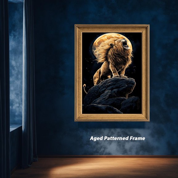 Lion Under Full Moon Print Majestic Roaring Lion Wildlife Night Sky Decor, Stretched Canvas 16x20in