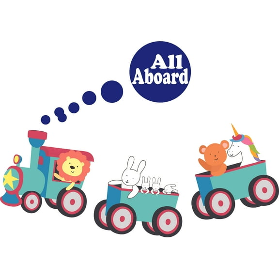 Lion Unicorn All Aboard Animals Trains Decors Wall Sticker Art Design Decal for Boys Girls Kids Room Bedroom Nursery Kindergarten House Fun Home Decor Stickers Wall Art Vinyl Decoration (20x40 inch)
