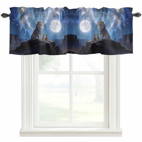 Lion Valances for Windows Watercolor Lion Fantasy Moon Mystic Natural Scenery Rod Pocket Curtain Valance Window Treatment Short Curtains for Kitchen Living Room, 42"x18"