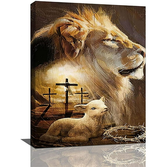 Lion Wall Art Christian Cross Lion And Lamb Pictures Wall Decor Lion Of Judah Canvas Painting Print Artwork Modern Home Decor Framed for Church Living Room Bedroom12inx16in