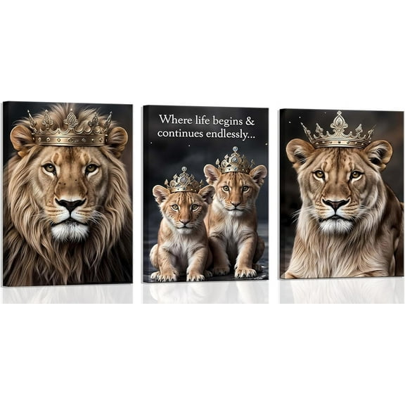 Lion Wall Art with Crown Lion Family Canvas Prints Posters Wild Animal Pictures Modern Inspirational Animal Wall Decor Paintings for Home Bedroom Living Room Offic（Only canvas）