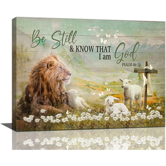 Lion Wall Art Lamb Cross Daisy Canvas Prints Painting Lion of Judah Pictures Framed Artwork Home Decor for Bathroom Dinning Living Room 16"x12"