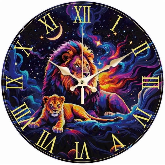Lion Wall Clock 12 Inch Starry Sky Clock Battery Operated Silent Non Ticking Moon Round Decorative Clocks