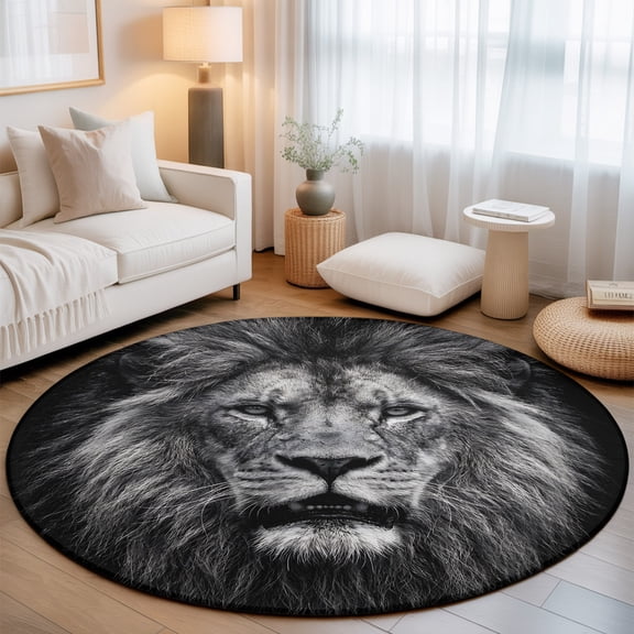 Lion Washable Round Area Rug 3 ft, Modern Minimalist Black White Powerful Wild Animal Lion Head, Soft Non Slip Rugs Stain Repellent Indoor Felt Carpet for Living Dining Room Bedroom Home Office