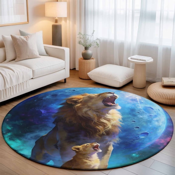 Lion Washable Round Area Rug 7 ft, Watercolor Roaring Lion Fantasy Universe Planet Forest Tree, Soft Non Slip Rugs Stain Repellent Indoor Felt Carpet for Living Dining Room Bedroom Home Office