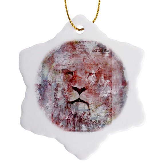 3drose, Lion Watercolor Art, 3 inch Snowflake Porcelain Ornament