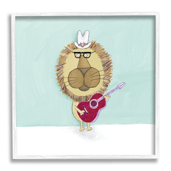 Lion With Cowboy Hat Playing Red Guitar Animals & Insects Framed Art Print Wall Art, 17x17