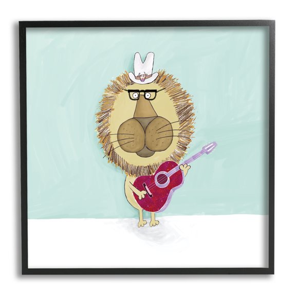 Lion With Cowboy Hat Playing Red Guitar Animals & Insects Framed Art Print Wall Art, 17x17