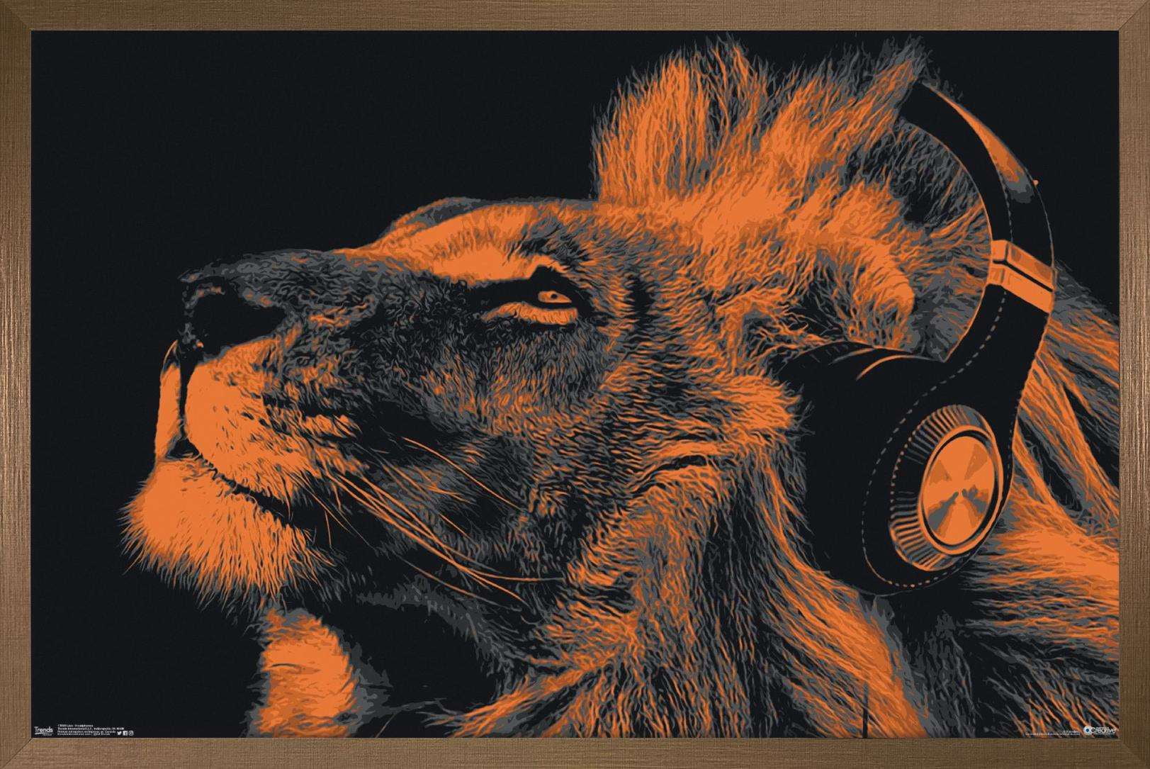 Lion With Headphones Wall Poster, 14.725" x 22.375", Framed
