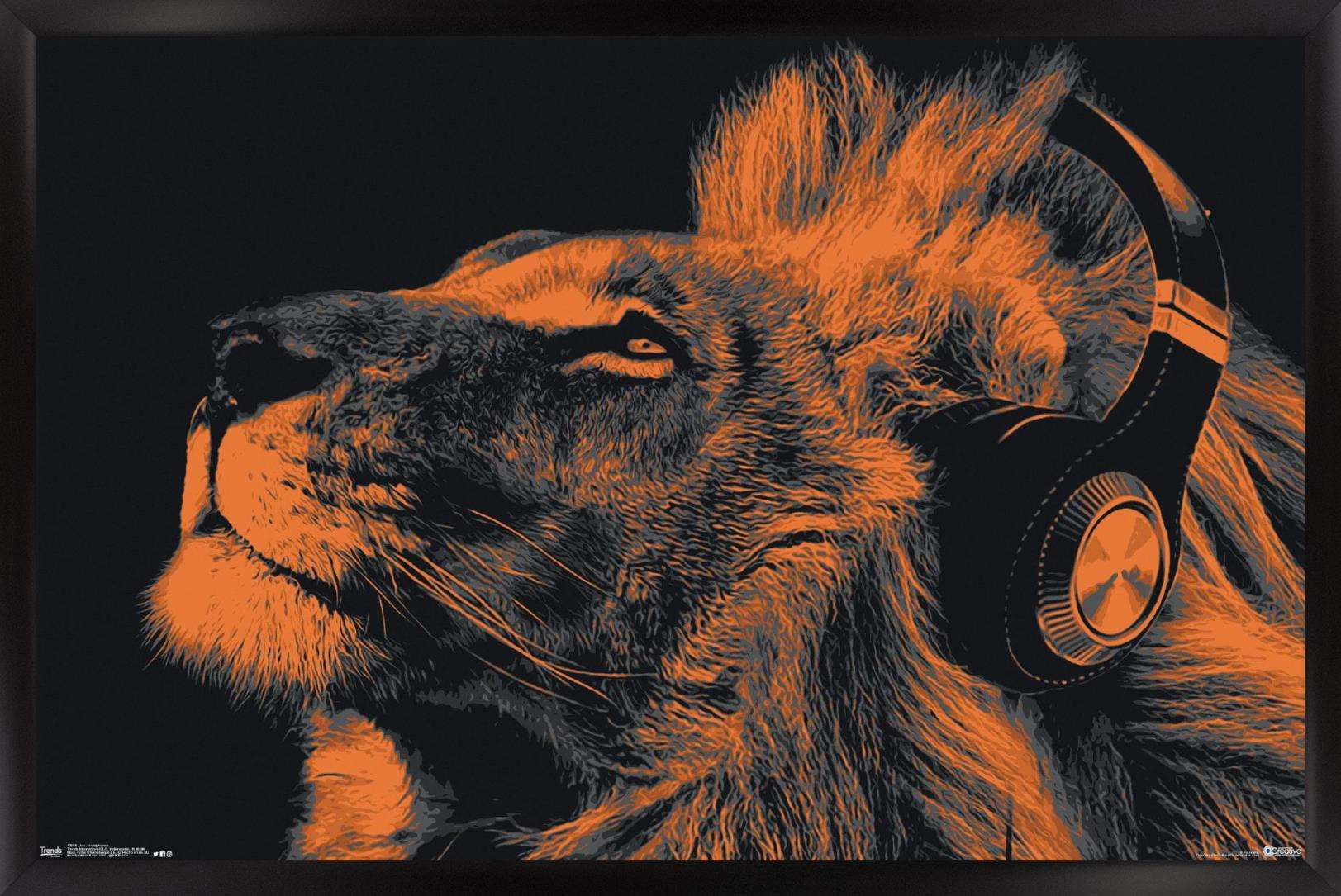 Lion With Headphones Wall Poster, 14.725" x 22.375", Framed