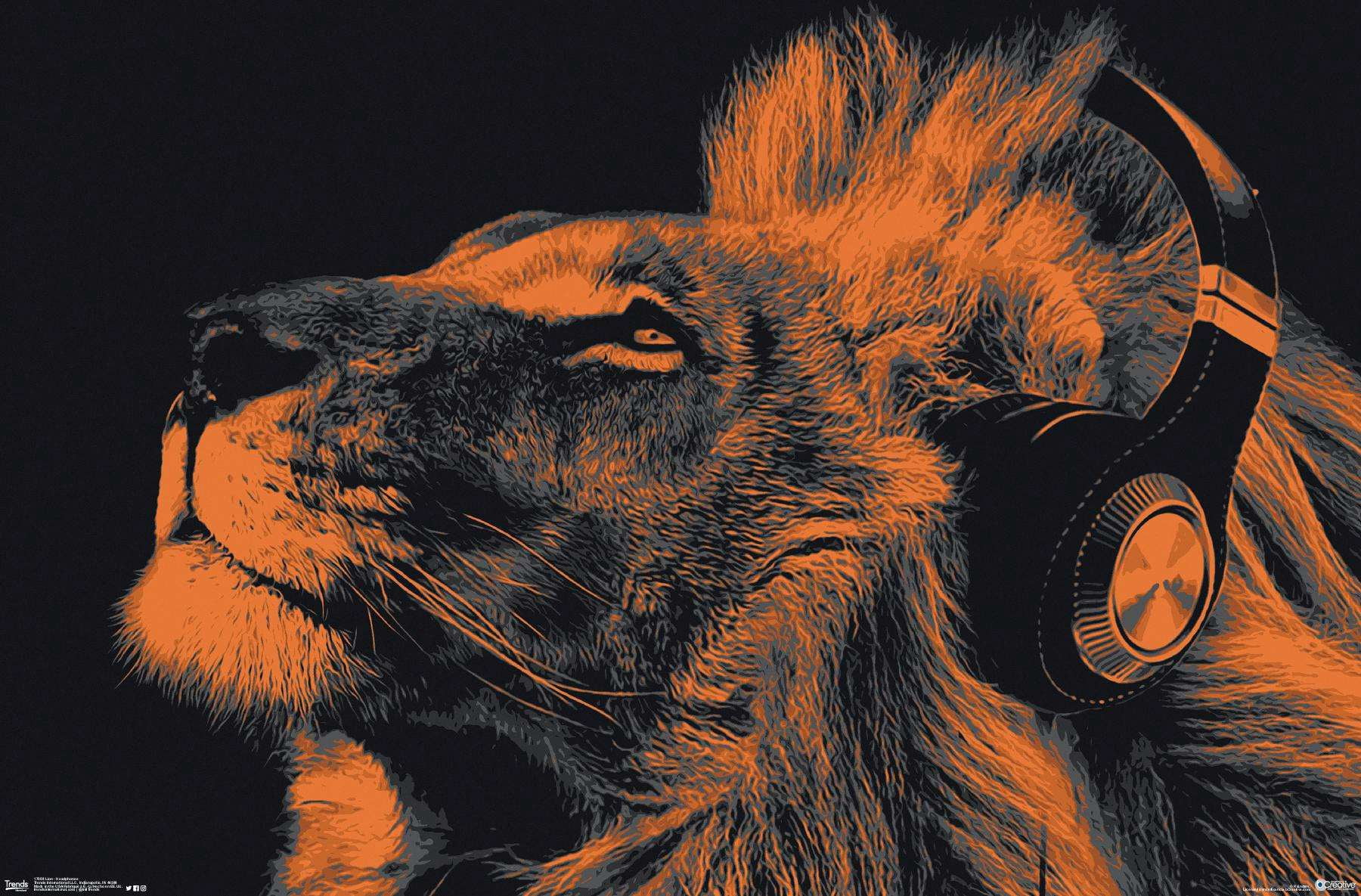 Lion With Headphones Wall Poster, 14.725" x 22.375"