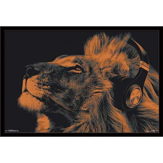 Lion With Headphones Wall Poster, 22.375" x 34", Framed